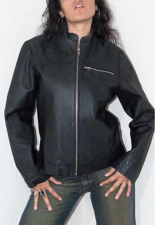 Vintage Y2k Vintage Black Leather Biker Zip Through Jacket