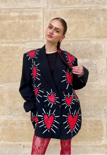 Oversized upcycled blazer jacket in black with red hearts