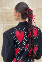 Oversized upcycled blazer jacket in black with red hearts
