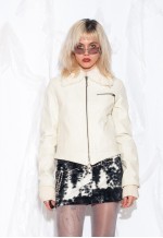 Vintage Y2K Leather Moto Jacket in Beige with Fur Collar