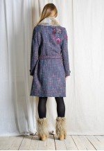Y2K Colourful Tweed Flower Faux Fur Collar Wool Trench Coat