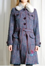 Y2K Colourful Tweed Flower Faux Fur Collar Wool Trench Coat
