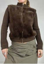 Vintage Y2K Knit Jacket Faux Fur Brown Zip Up 90s Jumper Top