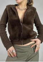 Vintage Y2K Knit Jacket Faux Fur Brown Zip Up 90s Jumper Top