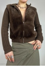 Vintage Y2K Knit Jacket Faux Fur Brown Zip Up 90s Jumper Top