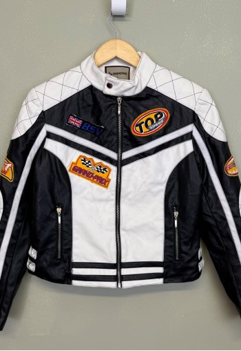 Vintage Y2K Racing Leather Style Jacket Multicolour Zip Up