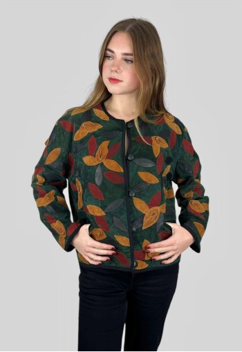 80's Ladies Vintage Green Suede Leather Applique Jacket