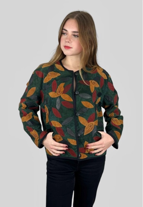 80's Ladies Vintage Green Suede Leather Applique Jacket