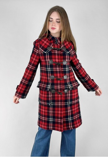 Vintage E.LAND Ladies Red Tarten Check Hooded Duffle Coat
