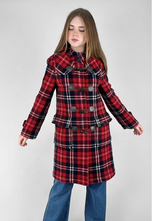 Vintage E.LAND Ladies Red Tarten Check Hooded Duffle Coat