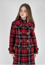 Vintage E.LAND Ladies Red Tarten Check Hooded Duffle Coat
