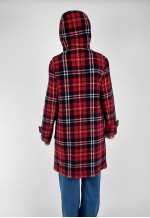 Vintage E.LAND Ladies Red Tarten Check Hooded Duffle Coat